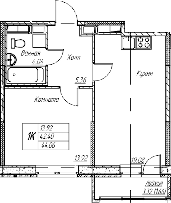 1-комнатная квартира 44.06 м², 8/22 эт., ЖК «Парк-квартал Юнтолово»